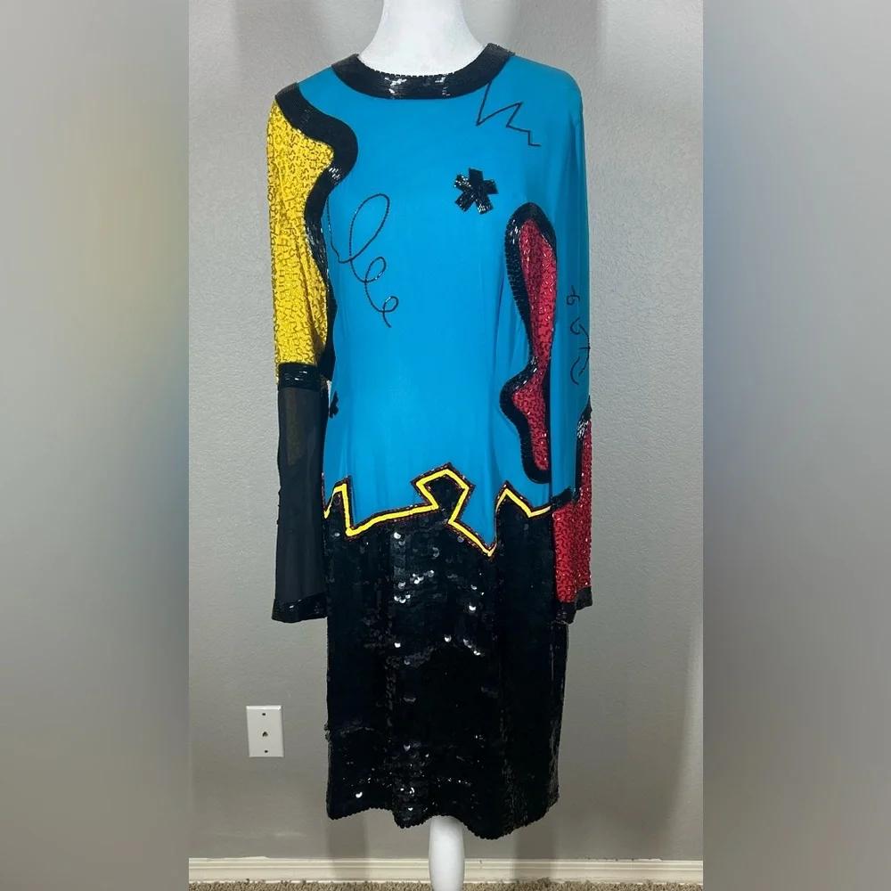 VTG Designer Fabrice Silhouette by Fabrice Simon  Beaded Silk Dress Sz14 80s 90s - Picture 2 of 16